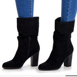 new - Black heeled slouch boots, suede type material size 7